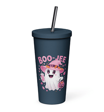 Boo Jee Spooky Ghost Pink Pumpkin Halloween Insulated tumbler with a straw