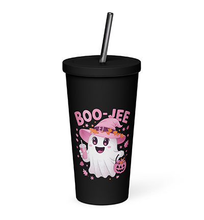 Boo Jee Spooky Ghost Pink Pumpkin Halloween Insulated tumbler with a straw