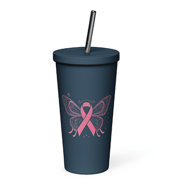 Butterfly Ribbon Pink Hope Survive Cure Breast Cancer Awareness Insulated tumbler with a straw