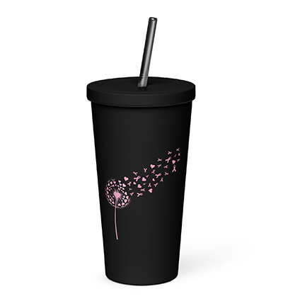 Dandelion Breast Cancer Warrior Awareness Pink Ribbon Insulated tumbler with a straw